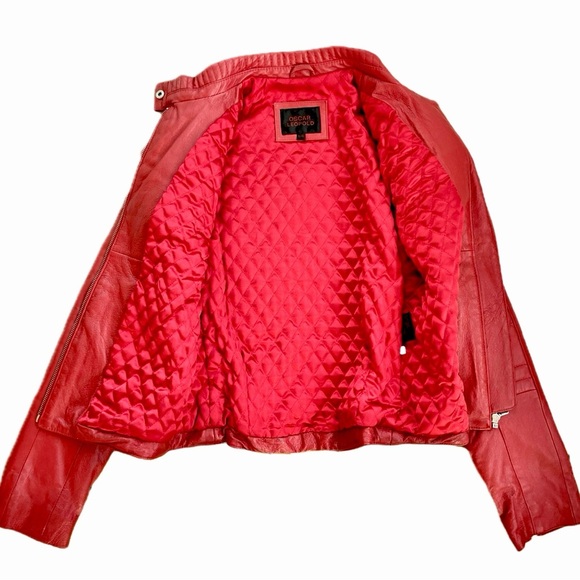 Red Leather Moto Jacket, Oscar Leopold, Quilted Lining, Women’s Sz Large - Picture 3 of 8